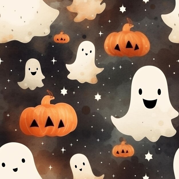 there are many ghosts and pumpkins in the sky generative ai