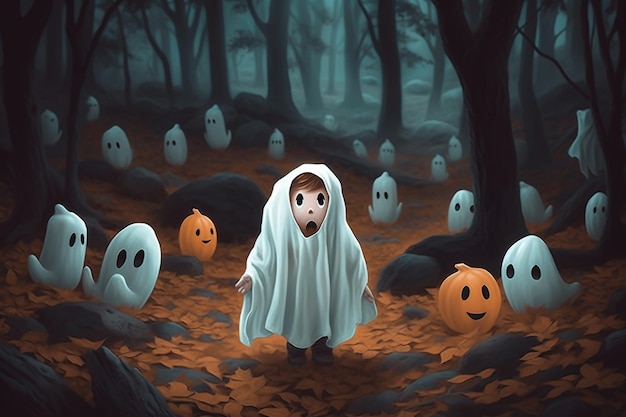 There are many ghosts in the woods with pumpkins generative ai