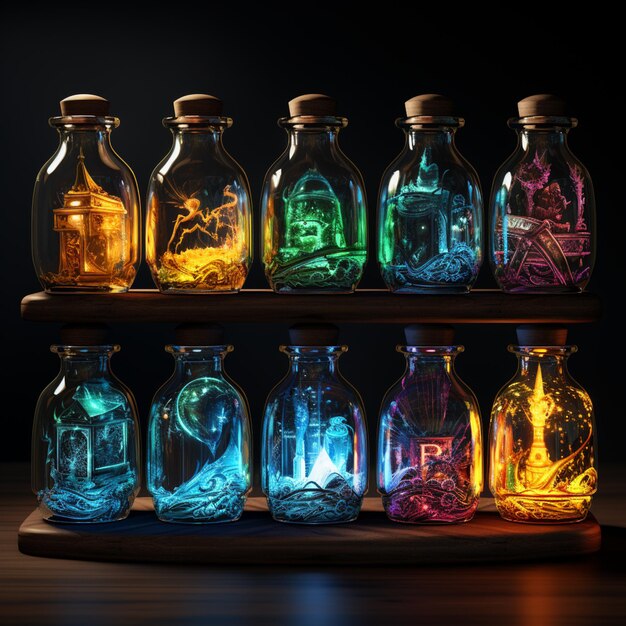There are many glass bottles with different colored lights in them generative ai