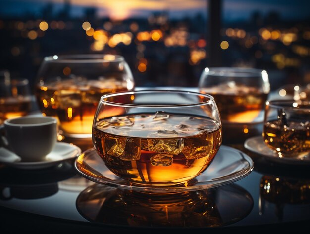 There are many glasses of tea on a table with a view of the city generative ai