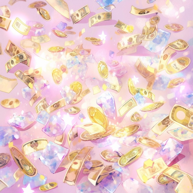 Photo there are many gold coins falling from the sky on a pink background generative ai
