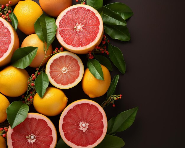 There are many grapefruits and oranges on a black surface generative ai