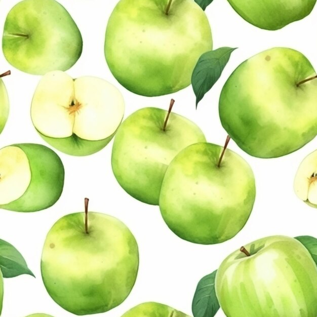 There are many green apples with leaves on a white background generative ai