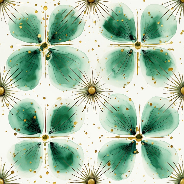 there are many green flowers with gold dots on them generative ai