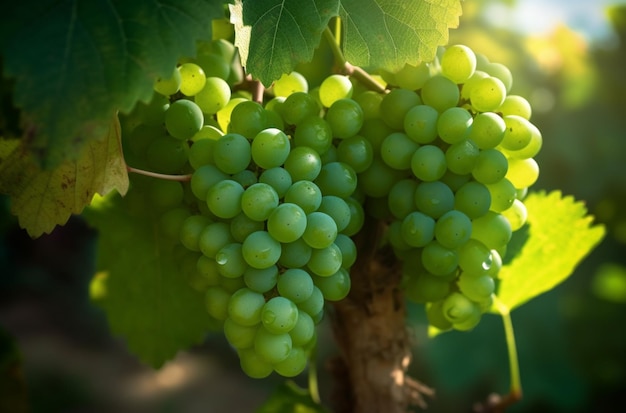 There are many green grapes hanging from a vine on the tree generative ai