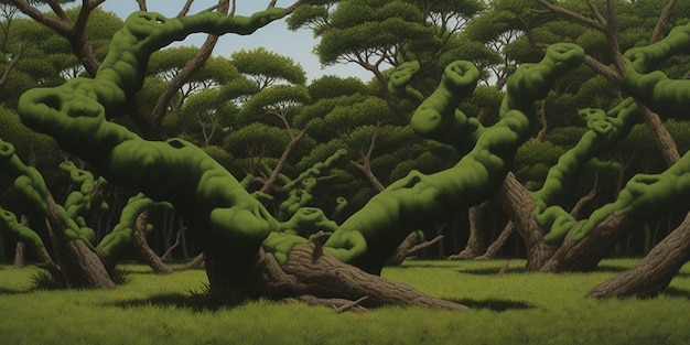 there are many green trees that are growing in the grass generative ai