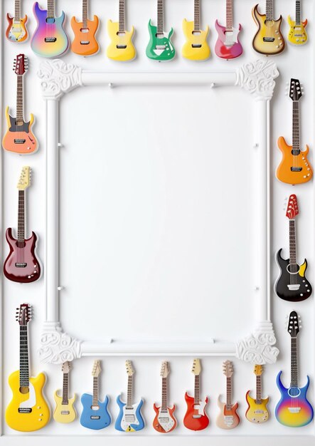 Фото Есть много гитар, расположенных в белой раме на стене.