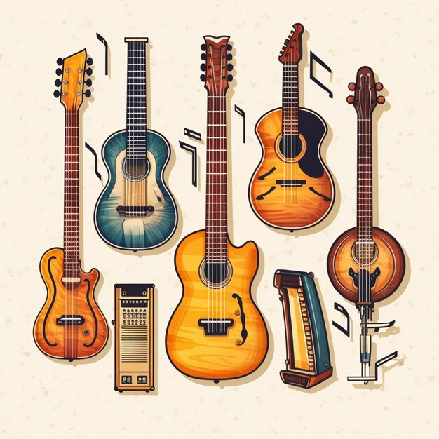 there are many guitars and a guitar on a white background generative ai