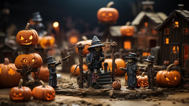 в темноте выставлено множество украшений для Хэллоуина с генеративным искусственным интеллектом