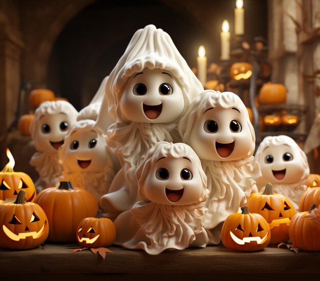 Есть много Хэллоуинских статуэтки призраков и тыквы генеративной ai