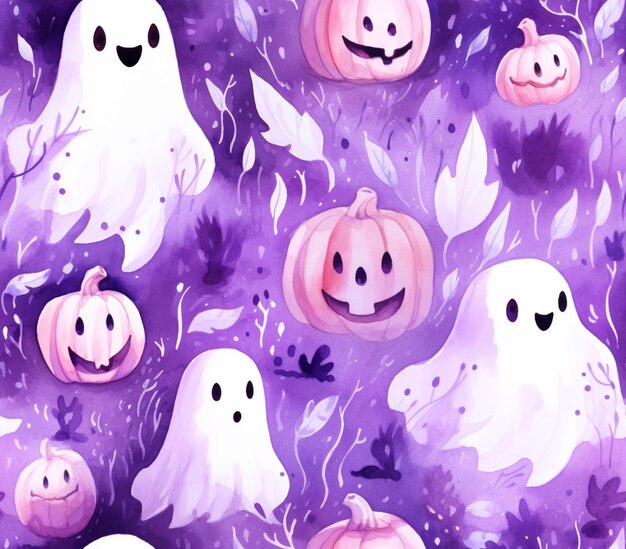 There are many halloween pumpkins and ghosts in the watercolor generative ai