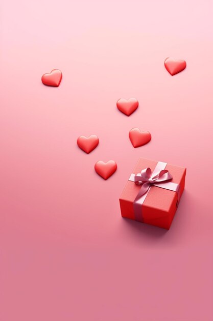 There are many hearts are scattered around a red gift box generative ai