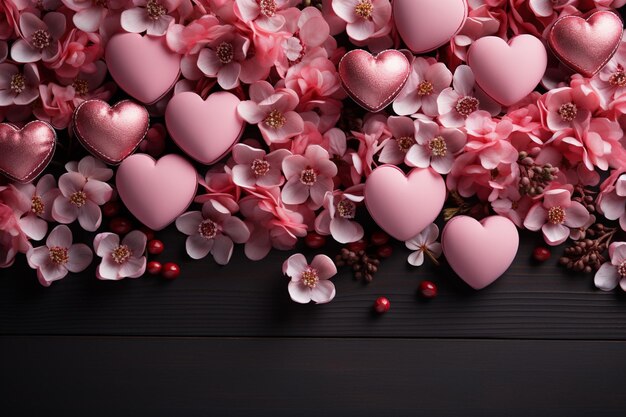 There are many hearts and flowers on a black surface generative ai