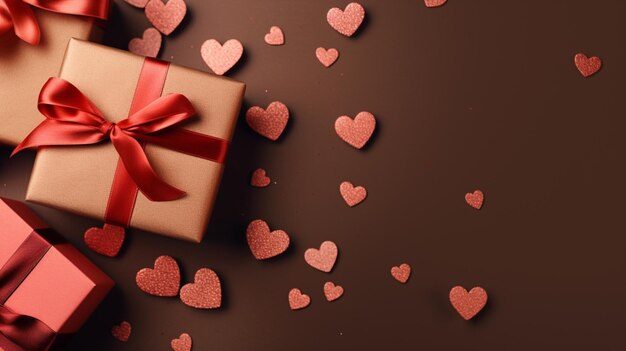 there are many hearts scattered around a gift box on a table generative ai