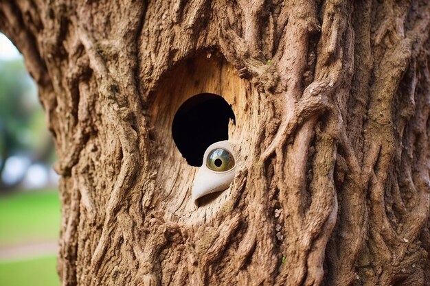 Photo there are many holes in the bark of a tree that is carved into the ground