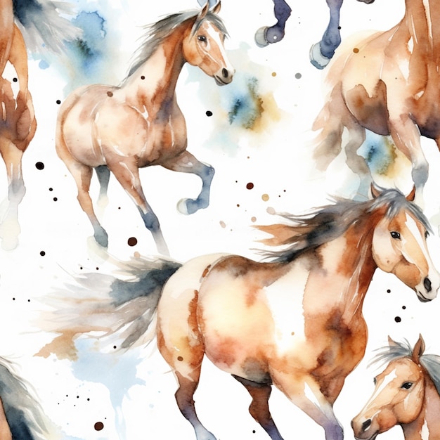 多くの馬が一緒に水彩画のパターンで走っています