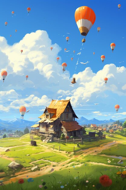 There are many hot air balloons flying over a house in the sky generative ai