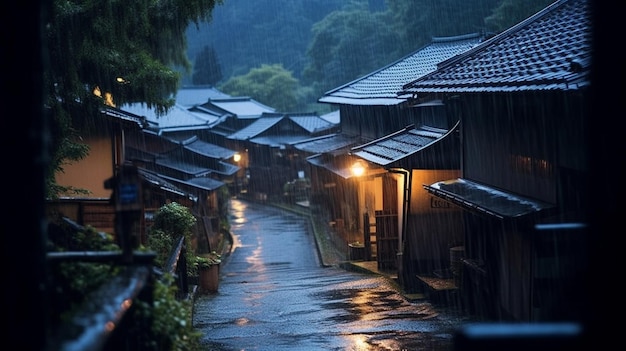 雨が降る通りに沿って多くの家があります