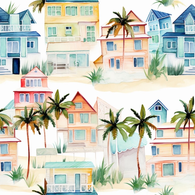 there are many houses on the beach with palm trees generative ai