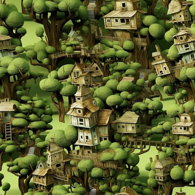 There are many houses in the trees that are made of wood generative ai