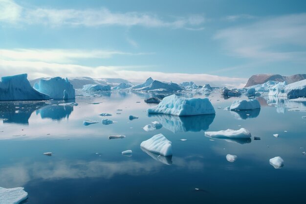 Фото Есть много айсбергов, плавающих в воде недалеко от берега.