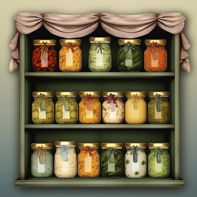 Photo there are many jars of food on a shelf with a curtain generative ai
