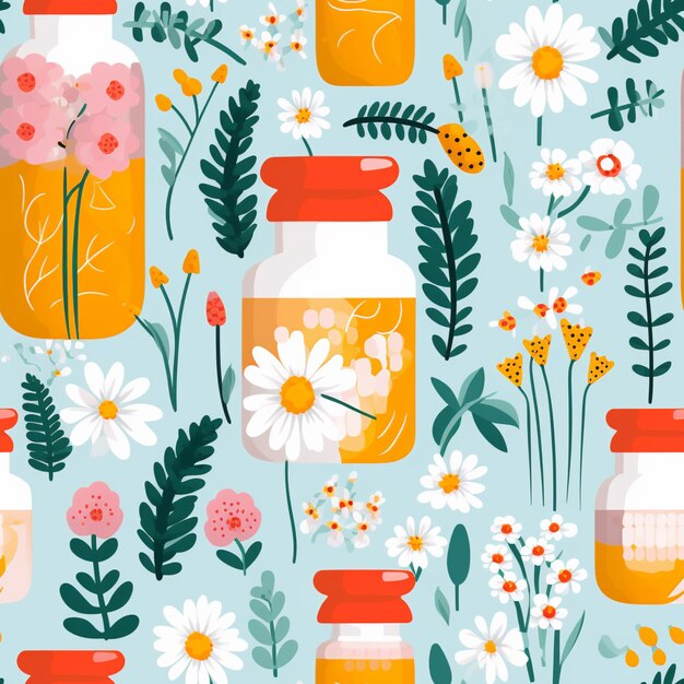 There are many jars of honey and flowers on a blue background generative ai
