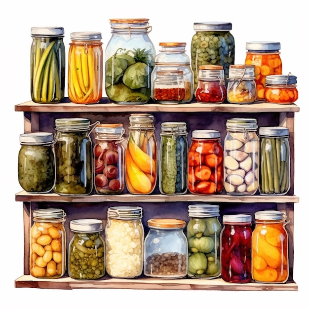 There are many jars of pickles and other vegetables on a shelf generative ai