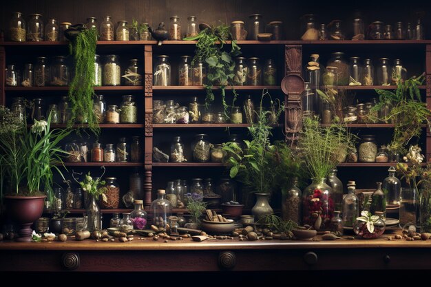 there are many jars and plants on the shelves in this room generative ai
