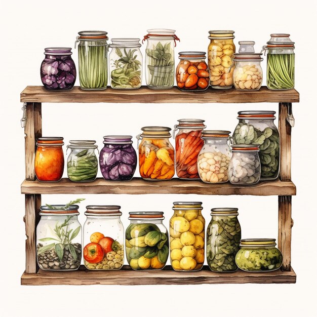 there are many jars of vegetables and fruits on a shelf generative ai