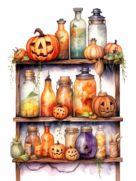 there are many jars with pumpkins and jack o lanterns on them generative ai