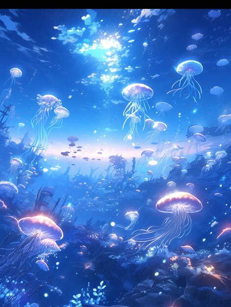 There are many jellyfishs floating in the ocean on a blue background generative ai