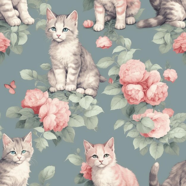 на цветочном фоне сидит много котят с розовыми цветами, генеративный искусственный интеллект
