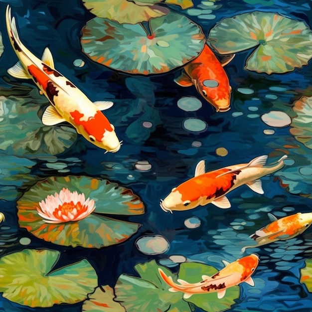 there are many koi fish swimming in a pond of water lilies generative ai