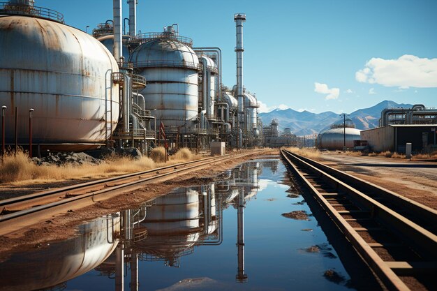 there are many large tanks that are sitting next to a train track generative ai