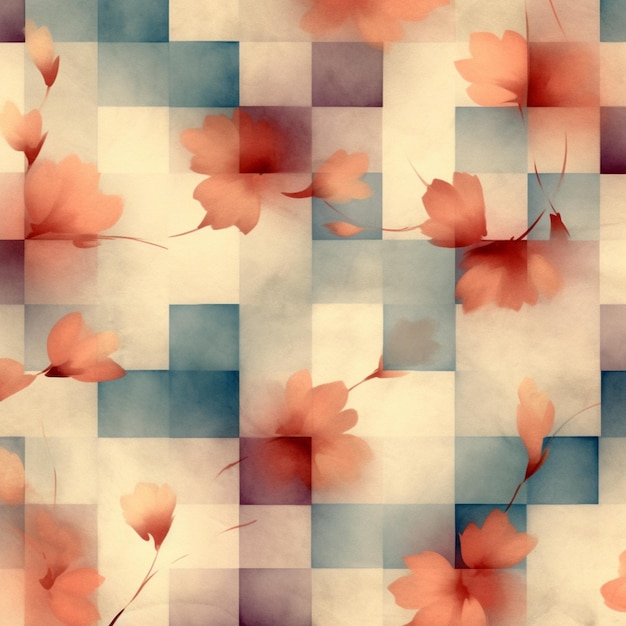 There are many leaves on a checkered background that is very colorful generative ai