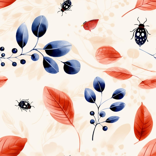 There are many leaves and ladybugs on the white background generative ai