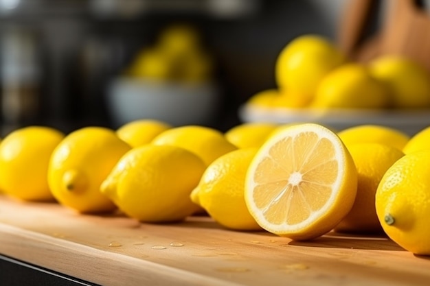 На столе много лимонов с миской лимонов на заднем плане.