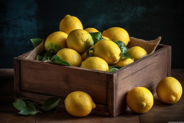 There are many lemons in a wooden box on a table generative ai