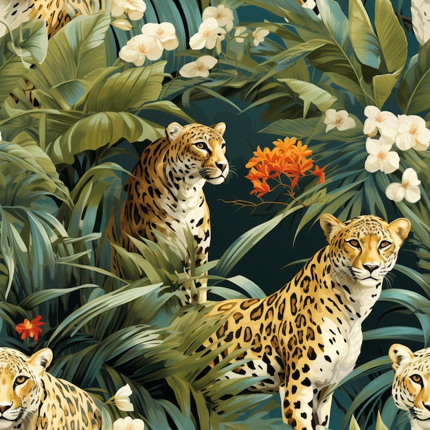 there are many leopards in the jungle with flowers and leaves generative ai