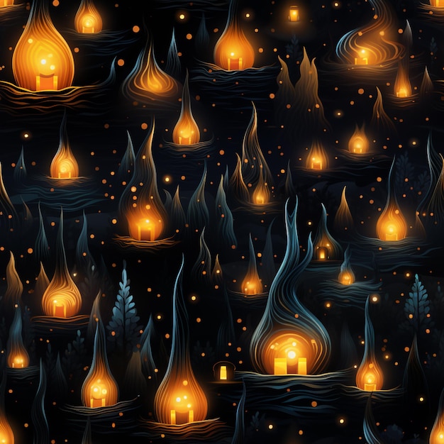 Foto ci sono molte candele accese che galleggiano nell'acqua di notte.