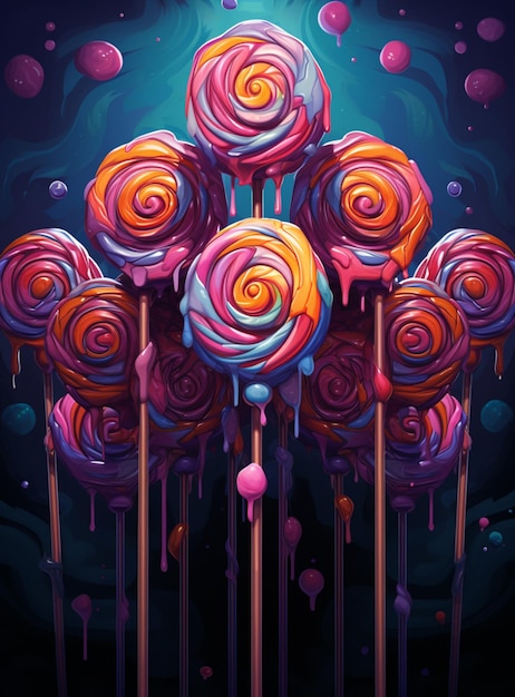 There are many lollipops that are on sticks in the dark generative ai