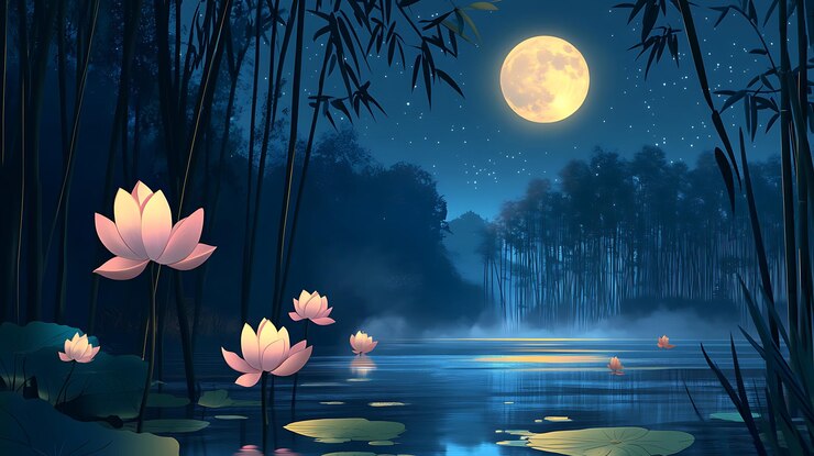 there are many lotuses in the water at night with a full moon