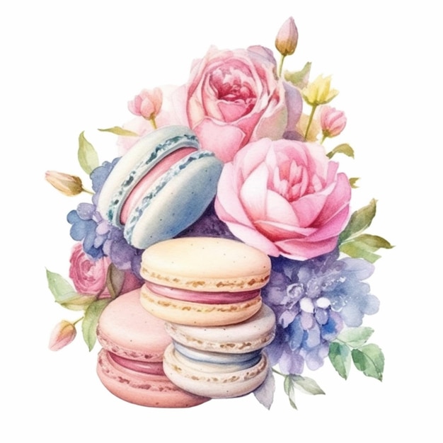 There are many macarons and flowers in a bouquet generative ai