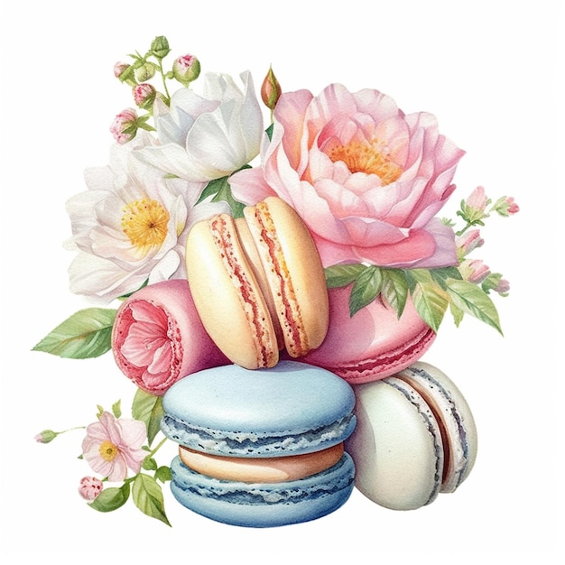 There are many macarons and flowers in a vase on a table generative ai