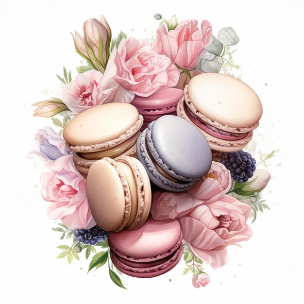 Photo there are many macarons with flowers on the top of them generative ai