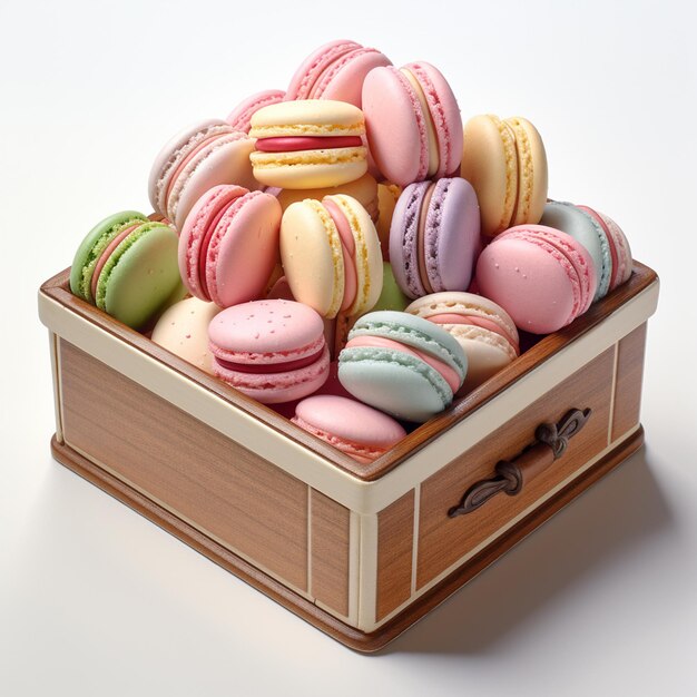 There are many macarons in a wooden box on a white surface generative ai