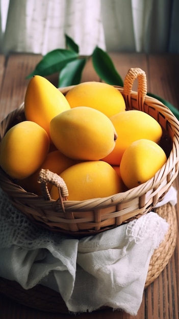 There are many mangoes in a basket on a table generative ai