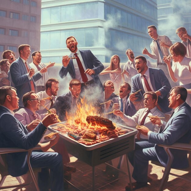 There are many men sitting around a fire pit with a lot of food generative ai