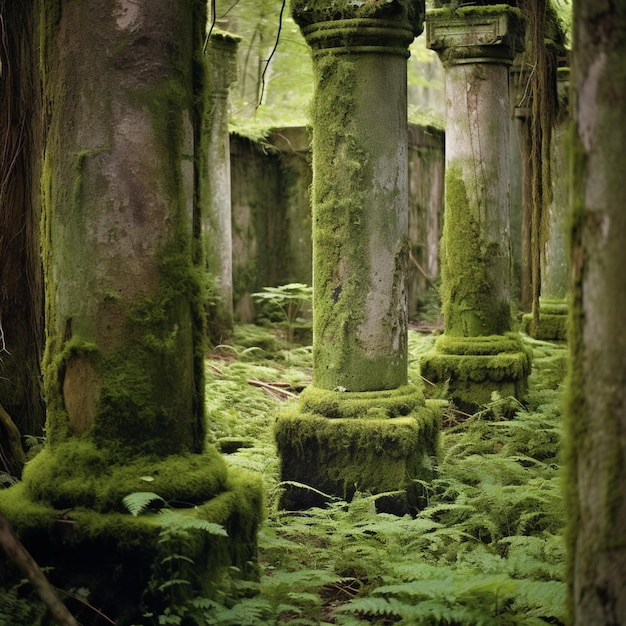 there are many moss covered pillars in a forest with trees generative ai